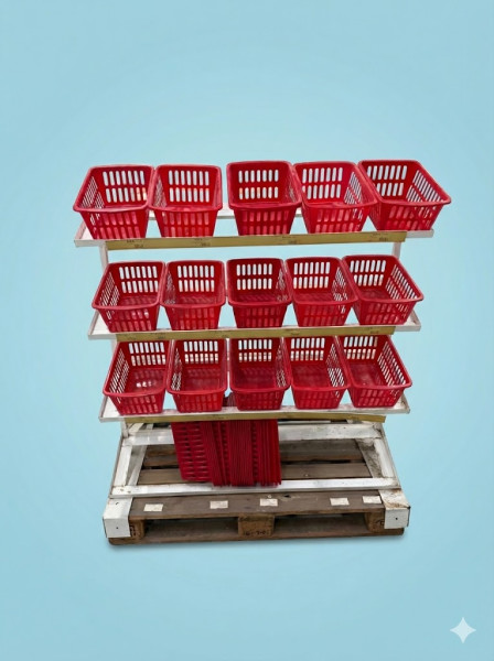 Mobiles Verkaufsregal auf Europalette inkl. 40 Körbe – Weiß