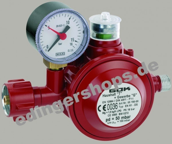 GOK Gasdruckregler / Gasregler für Innen 50mbar 1,5kg/h