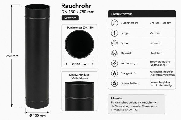 ediFire Ofenrohr Rauchrohr DN 130 x 750 mm Schwarz