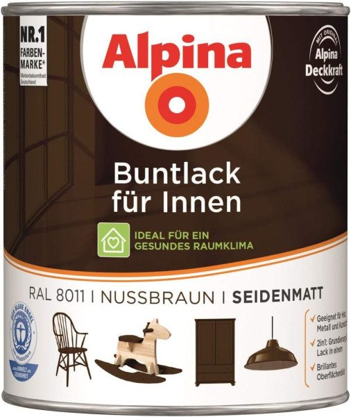 Alpina Buntlack Metalllack 0,75L Nussbraun RAL 8011 seidenmatt Innen