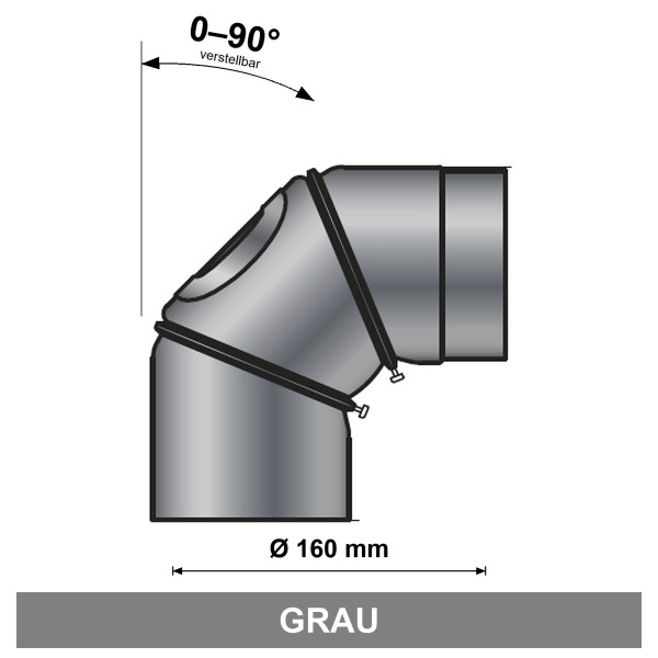 EdiFire Ofenrohrbogen 0–90° Ø 160 mm mit Reinigungsöffnung, grau