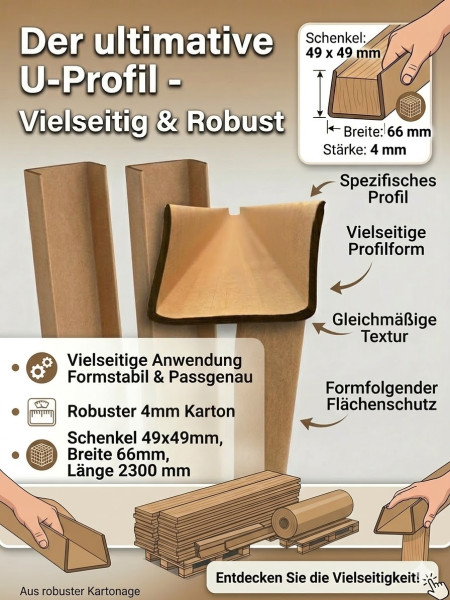 U-Profil Karton-Verpackungsprofil – 49x49x66mm, 4mm stark, 2300mm