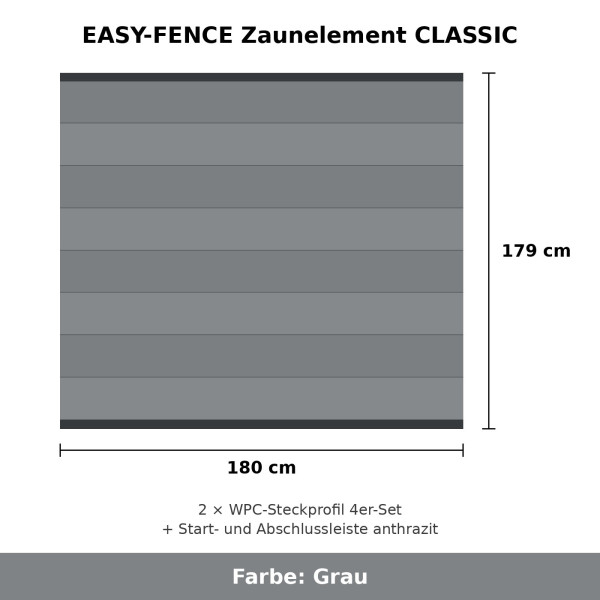 EASY-FENCE Zaunelement CLASSIC Grau 180 x 179 cm komplett