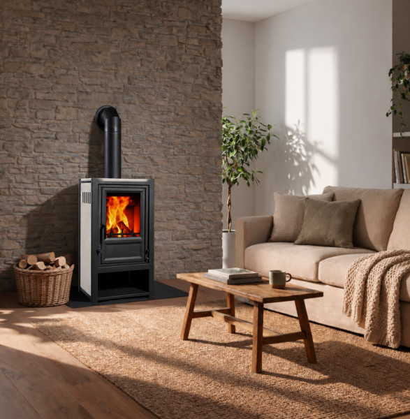 Kaminofen Globe-fire Luna II H raumluftunabh Guss Naturstein creme 6kW