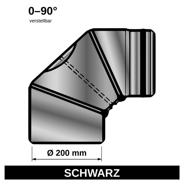 Ofenrohr Bogenknie 3tlg verstellbar 0-90° Ø200mm schwarz mit Tür