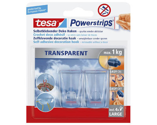 tesa® Powerstrips Transparent DECO Haken LARGE XL 2 Haken / 4 Strips