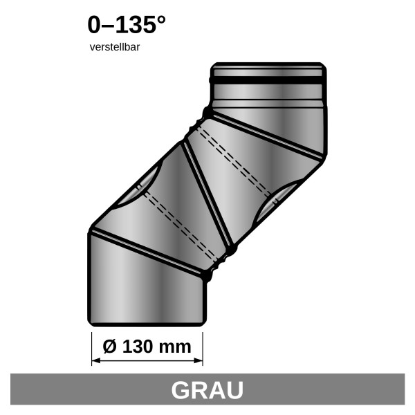 Ofenrohr Bogenknie 4tlg verstellbar 0-135° Ø130mm Stahl grau mit Tür