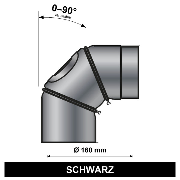 ediFire Bogen 0-90° Ø 160 mm, 3-teilig, mit Reinigungsöffnung, schwarz