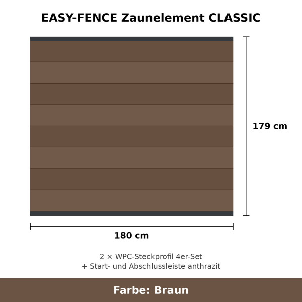 EASY-FENCE Zaunelement CLASSIC Braun 180 x 179 cm komplett