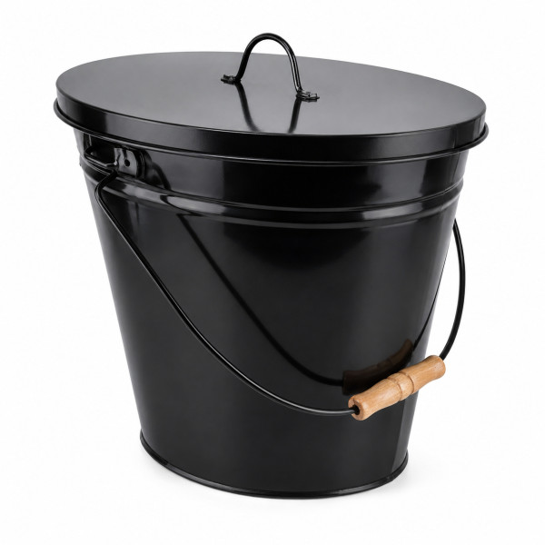 Ascheeimer 22 l schwarz aus Stahl mit Deckel und Holzgriff